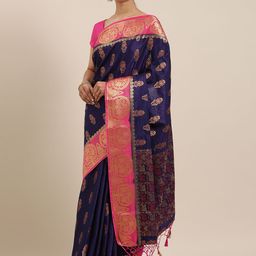 MIMOSA Navy Blue & Gold-Toned Woven Design Kanjeevaram Saree-image-21
