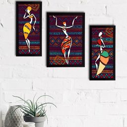 eCraftIndia Set of 3 Maroon & Blue Tribal Theme Satin Matt Textured UV Art Painting-30
