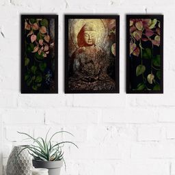 eCraftIndia Set of 3 Black & Beige Meditating Lord Buddha Satin Matt Textured UV Wall Paintings-image-84
