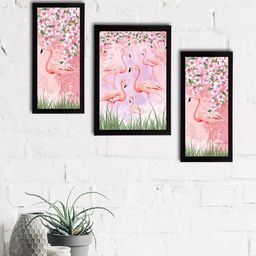 eCraftIndia Set of 3 Pink & Green Flamingo and Floral Satin Matt Textured UV Wall Paintings-0