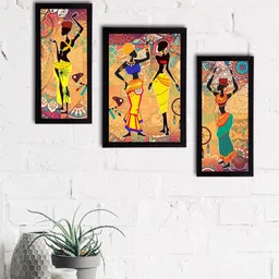 eCraftIndia Set of 3 Multicoloured Satin Matt Texture Tribal UV Wall Art-13