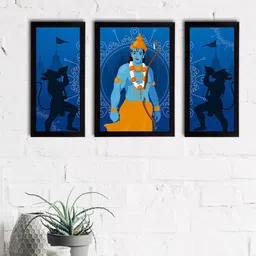 eCraftIndia Set of 3 Blue & White Lord Ram Satin Matt Textured UV Wall Art-image-74