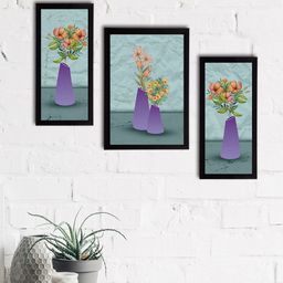 eCraftIndia Set of 3 Blue & Purple Botanical & Floral Satin Matt Textured UV Wall Paintings-3
