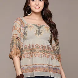 Label Ritu Kumar Printed Puff Sleeve Georgette Top-42