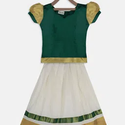 BownBee Girls Green & White Solid Ready to Wear Pattu Pavadai-54