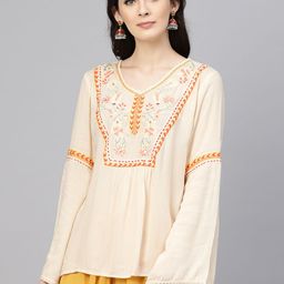 W Women Off-White & Orange Embroidered A-Line Top-41