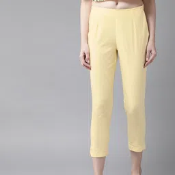 W Women Yellow Slim Fit Solid Cropped Regular Trousers-image-78