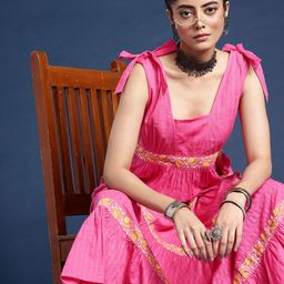 Taavi Pure Cotton Ethnic Motifs Print Square Neck A-Line Tiered Woven Legacy Dress-47