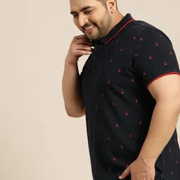 Sztori Plus Size Men Navy Blue  Red Printed Polo Collar T-shirt-6