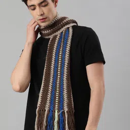 Magic Needles Unisex Brown & Blue Striped Knitted Scarf with Tassels-image-85