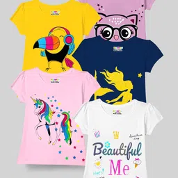 KUCHIPOO Girls Pack 5 Printed Cotton Regular T-shirt-20