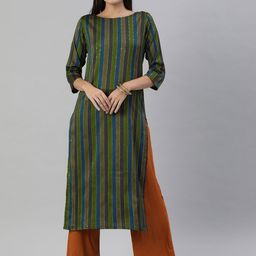 KALINI Women Olive Green & Navy Blue Striped Sequined Straight Kurta-image-53