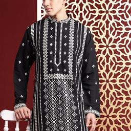 MANQ Men Ethnic Motifs Embroidered Sequinned Pure Cotton Kurta with Salwar-picture-11
