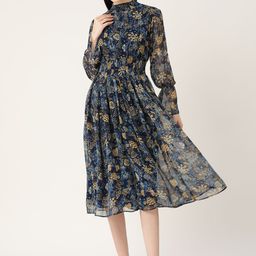 Deewa Floral Printed Puff Sleeve Georgette Drop-Waist Maxi Dress-image-82