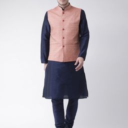 DEYANN Men Navy Blue & Pink Solid Kurta with Pyjamas & Nehru Jacket-15