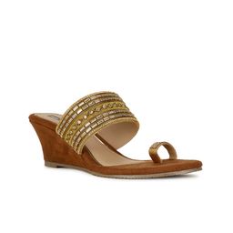 Bata Brown & Gold-Toned Embellished Wedge Heels-33