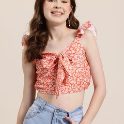 HERE&NOW Floral Print Smocked Crop Top-image-53