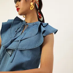 StyleStone Tranquil Blue Ruffled A-Line Retro Denim Dress-image-7