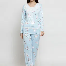 Claura Women Blue & White Printed Night suit-image-76