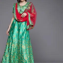 Mitera Green & Gold-Toned Semi-Stitched Lehenga & Unstitched Blouse With Dupatta-14