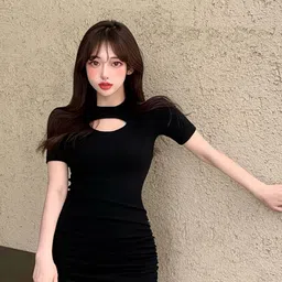 KPOP Round Neck Solid Short Sleeves Bodycon Dress-image-70