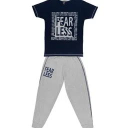 Todd N Teen Boys Navy Blue & Grey Melange Printed T-shirt with Pyjamas-picture-25