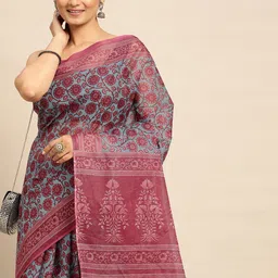 SHANVIKA Blue & Pink Floral Pure Cotton Block Print Saree-11