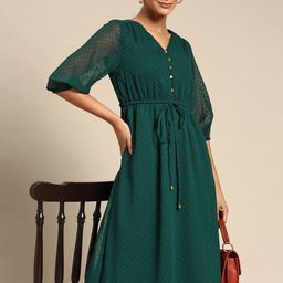 all about you Bottle Green Dobby Weave A- Line Dress-image-49