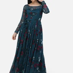 SCORPIUS Women Teal Green & Red Floral Printed Maxi Dress-image-98