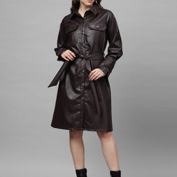 Athena Women Coffee Brown Solid Leather Shirt Dress-image-43