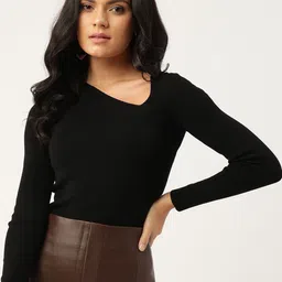 MANGO Women Black Asymmetric V-neck Solid Pullover-image-8