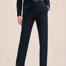 MANGO Women Navy Blue Solid Pleated Trousers-image-39