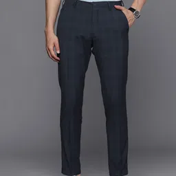 Louis Philippe Ath Work Men Navy Blue Checked Slim Fit Regular Trousers-image-29