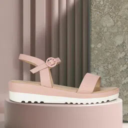 Bata Pink & White Wedge Sandals with Buckles-35