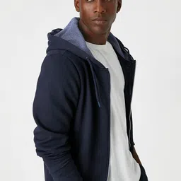 Koton Men Navy Blue Solid Hooded Sweatshirt-image-7