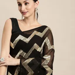VAIRAGEE Black & Golden Geometric Embroidered Saree-image-6