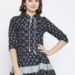 PANIT Women Navy Blue & Grey Printed Pure Cotton A-Line Pure Cotton Kurti-17