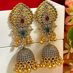 Zeviel Gold-Plated Artificial Stones Studded Dome Shaped Antique Jhumkas-37