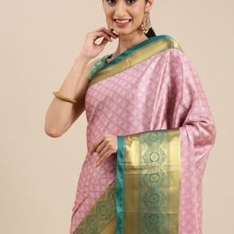 Mitera Pink Ethnic Motifs Zari Silk Cotton Banarasi Saree-53