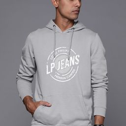 Louis Philippe Jeans Men Grey & White Printed Pure Cotton Hooded Sweatshirt-image-39