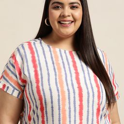 Sztori Women Plus Size Off White & Red Striped Extended Sleeves Top-12