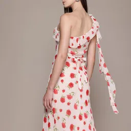 MANGO Floral Print One Shoulder Ruffled Sheath Midi Dress-image-37