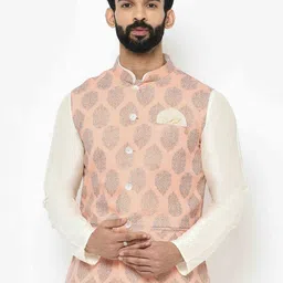 KISAH Men Pink & White Printed Nehru Jacket-image-65