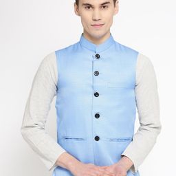 Vastraa Fusion Men Blue Woven Design Pure Cotton Nehru Jacket-53