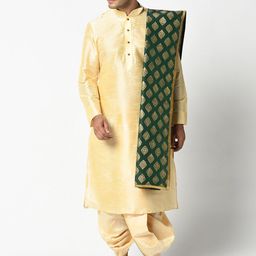 DEYANN Men Cream-Coloured & Green Solid Kurta with Dhoti Pants & Dupatta-7