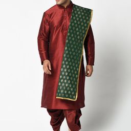 DEYANN Men Maroon & Green Solid Kurta with Dhoti Pants & Dupatta-picture-14