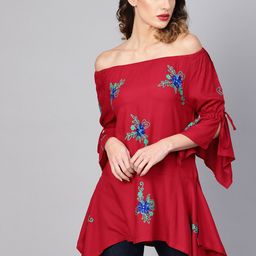 YASH GALLERY Women Maroon Embroidered Bardot Top-image-5