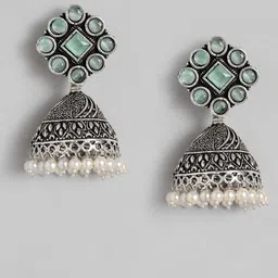 AITIHYA Silver-Plated Dome Shaped Beads & Stones Oxidised Jhumkas-43