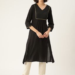 CRAFTED FOR YOU Black Striped V-Neck Sequinned Pure Cotton Sequinned Kurta-image-78