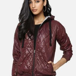 Campus Sutra Women Coffee Brown Solid Windcheater Quilted Jacket-image-38